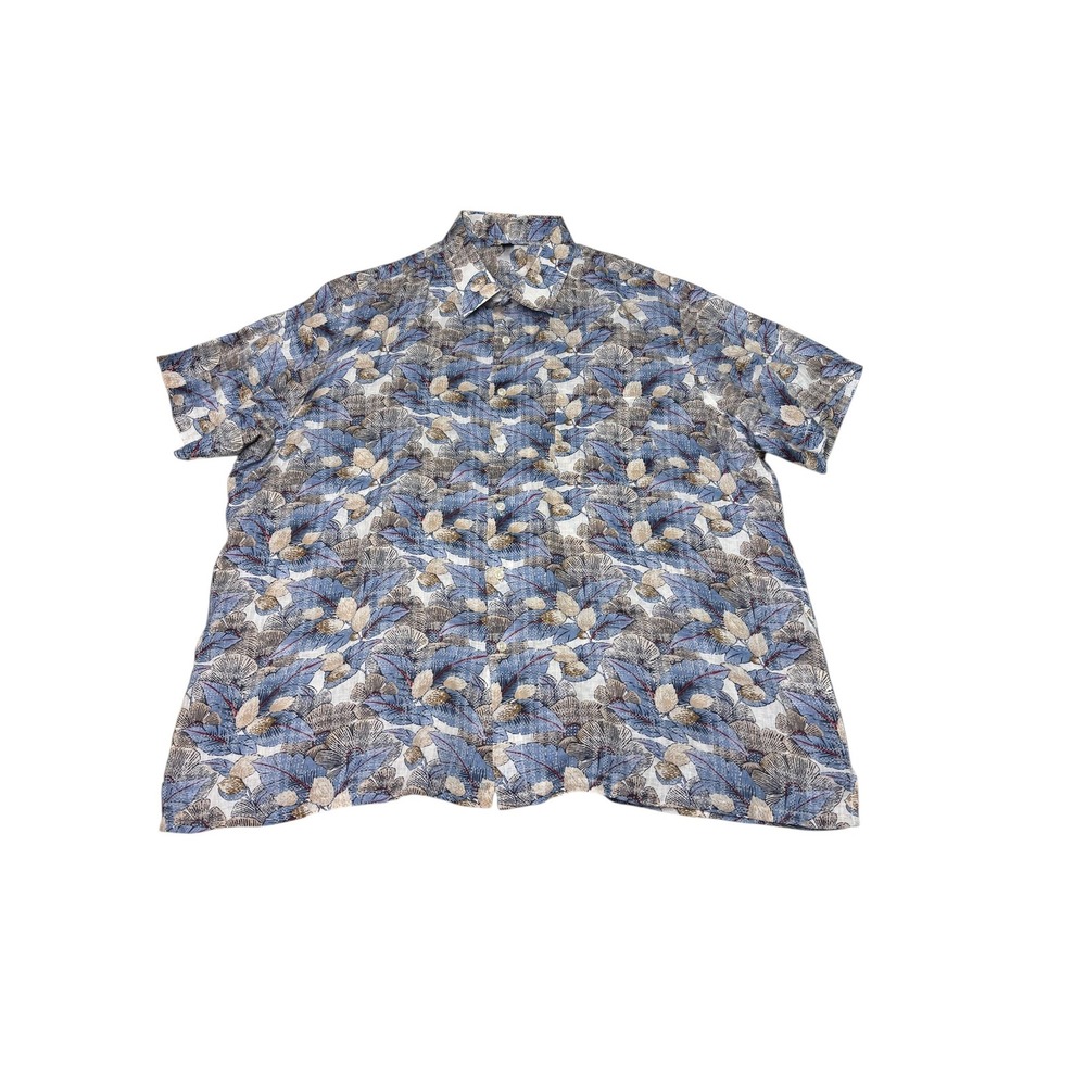 Club Room Luxury Mens 3XL Blue Floral 100% Linen Short Sleeve Button Down Shirt